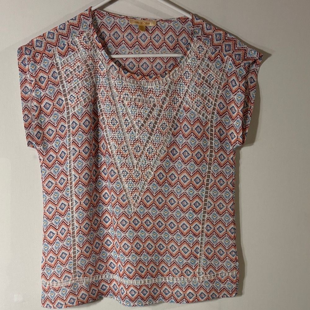 Skies Are Blue Petite Small Boho Print Short Sleeve Blouse